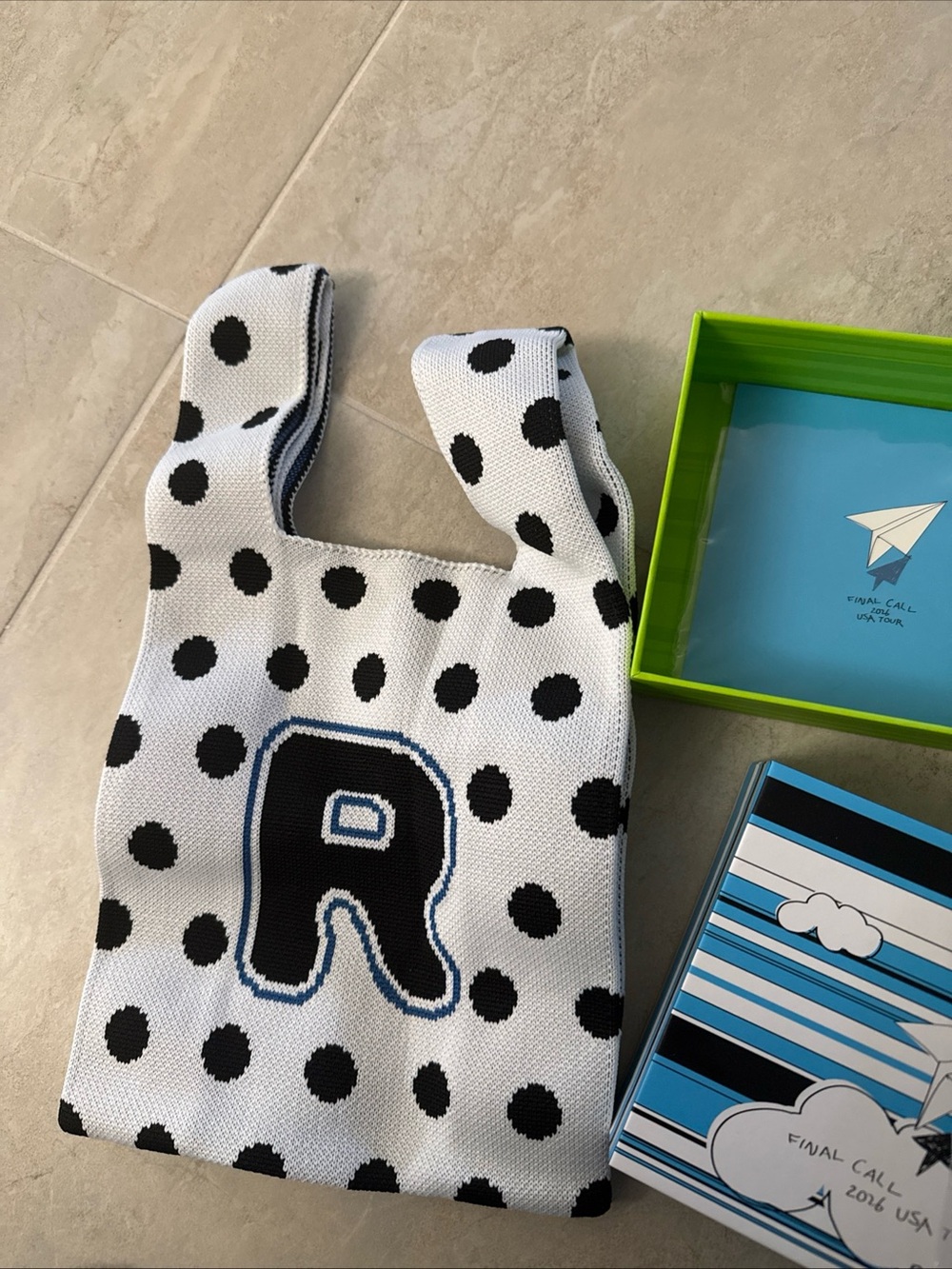 Kids Polka Dot 'R' Knit Tote Bag - White & Black